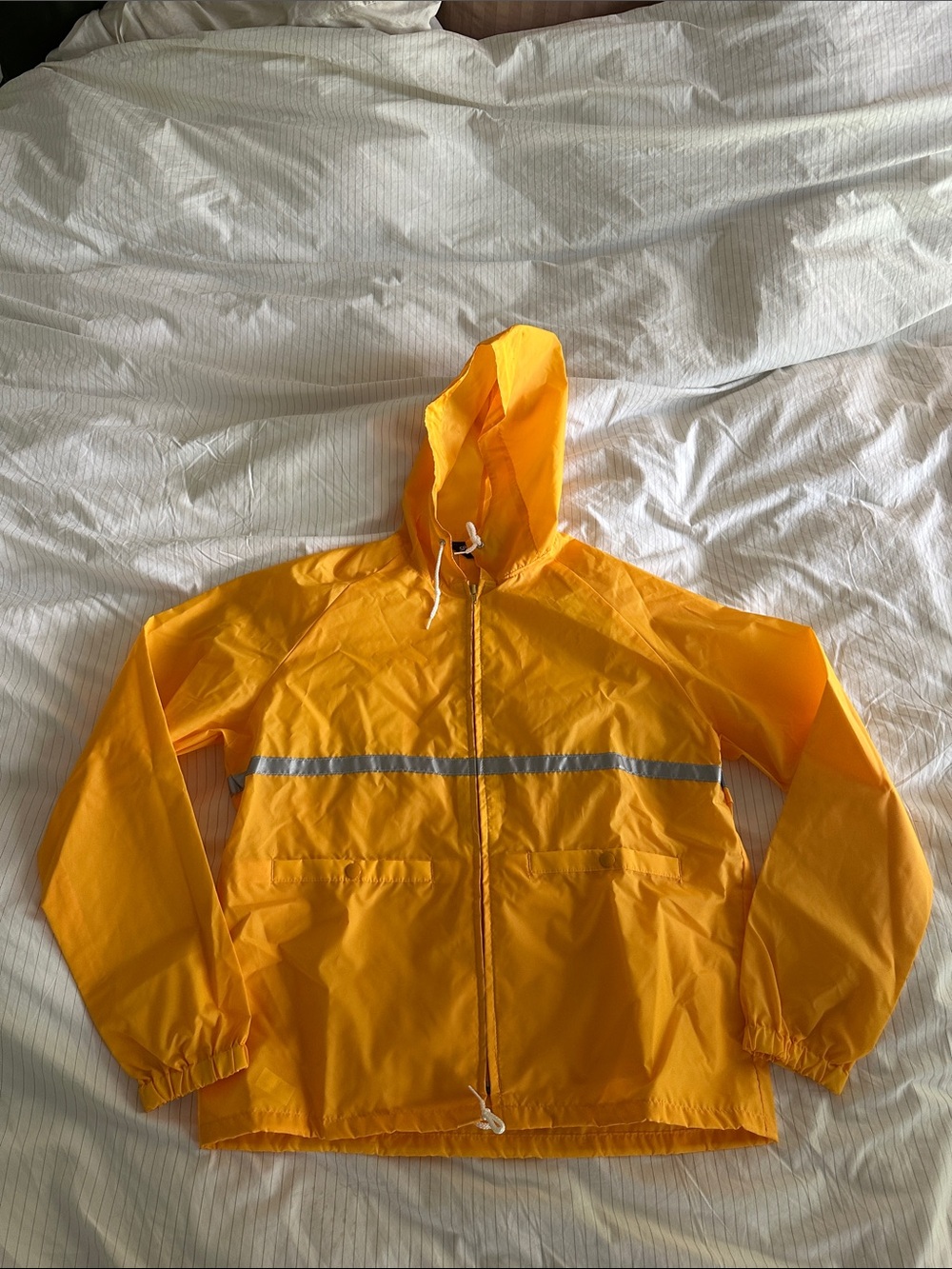 VTG Sportsmaster Yellow Raincoat Hooded Reflective Stripe 80s Made in USA L